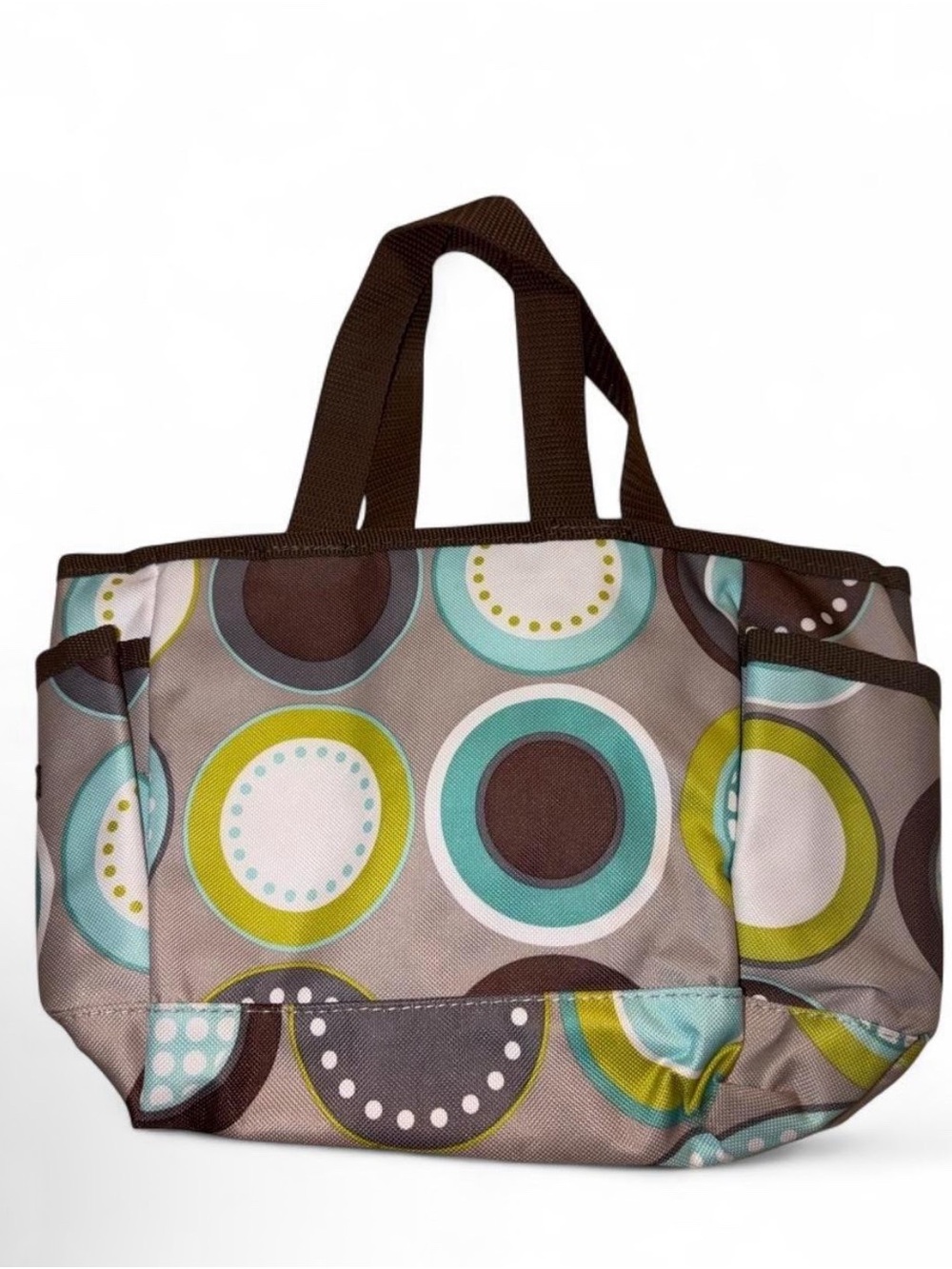 thirty-one Taupe Tote with Aqua, Lime & Brown Circle Print
